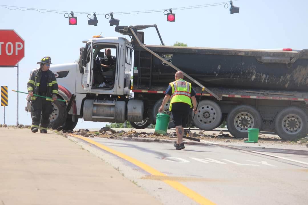 South Hwy. 393 and West Hwy. 22 will remain closed for the next hour as emergency crews clean up a single-vehicle accident involving a concrete truck at that intersection.