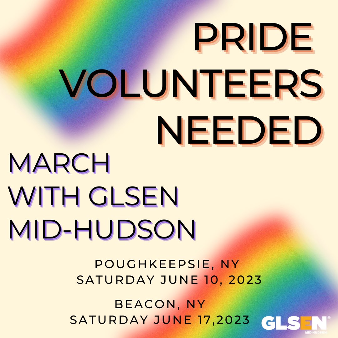 GLSEN Mid-Hudson is looking for volunteers to help in the Dutchess County 2023 Pride March on June 10th and June 17th. 
Check the link in bio to sign up to volunteer!

#GLSEN #GLSENMIDHUDSON #PRIDE #PRIDE2023 #PRIDEVOLUNTEERS #LGBTQstudents #lgbtq #LGBTQparents #inclusiveschools