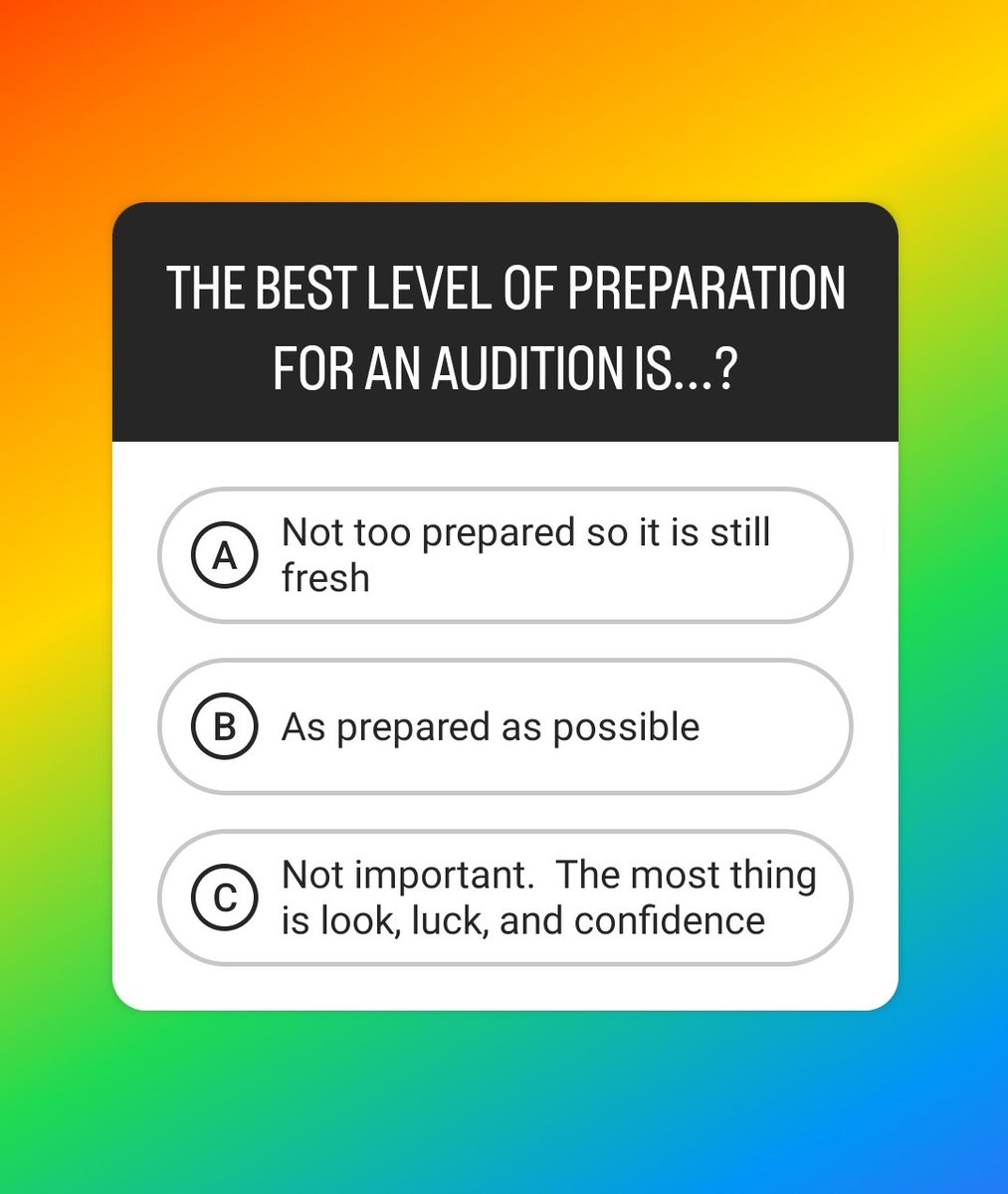 B: You can't over-prepare. A trained, pro #actor can be consistent & fresh & knows the technical and organic elements of every scene to their core.

#actors #actinglife #audition #auditioning #auditionprep #auditions #auditioncoach  #voiceartist #voiceover storyinstitute.ca