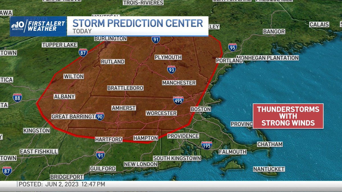 Plenty of heat and unstable air will lead to strong thunderstorms and the potential for damaging winds. Will be isolated to sporadic ahead of this evening's cold front.

🦚: @peacock x NBC Boston News Channel
📺:@TheRokuChannel @samsungtvplus @amazonfiretv