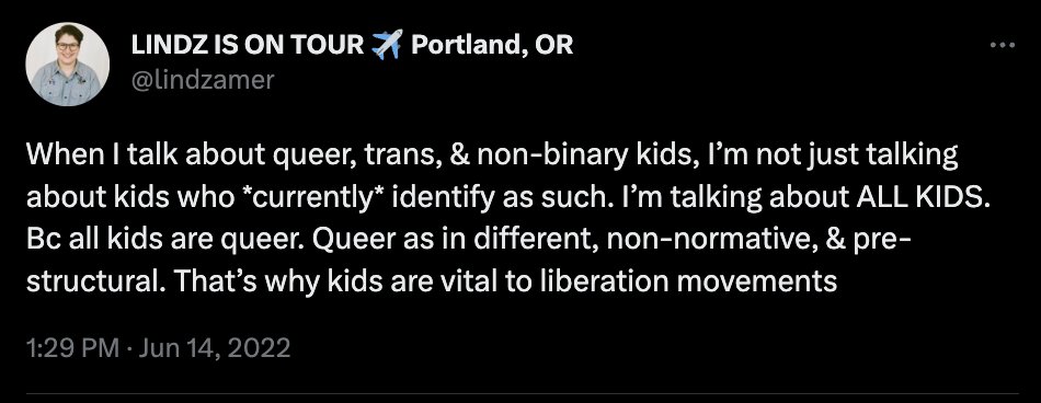 Awake_IL's tweet photo. 🚨 BREAKING:  @WinnLib &amp; Wilmette Public libraries are co-promoting @lindzamer who said "all kids are #queer" &amp; "kids are vital to liberation movements" in a June 2022 tweet.  

She promotes "queer kid stuff". 
Rhymes with broomer.
@GAG_Illinois @occupylibraries @CourageHabit https://t.co/XH5dVRdx9F
