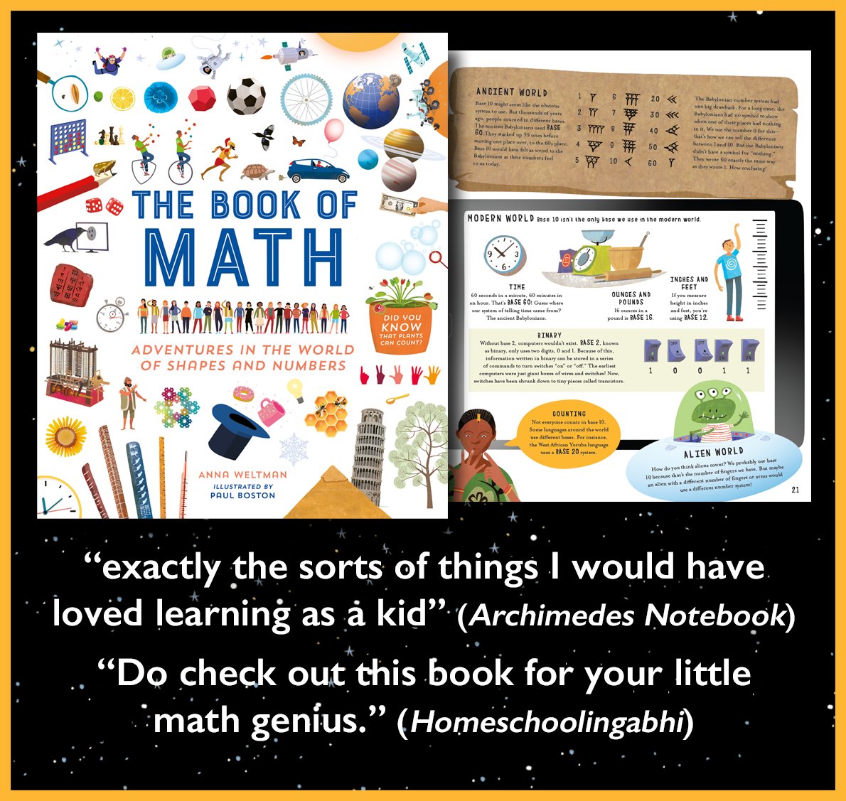 "I am positive that, had my math teacher even suggested that plants and ants can count, I would have been intrigued enough to learn more."
- Archimedes Notebook, on THE BOOK OF MATH (<a href="/AnnaWeltman/">Anna Weltman</a>, Paul Boston) #kidlit #STEM

♾: bit.ly/KMBookofMath
📚: archimedesnotebook.blogspot.com/2022/02/a-pair…