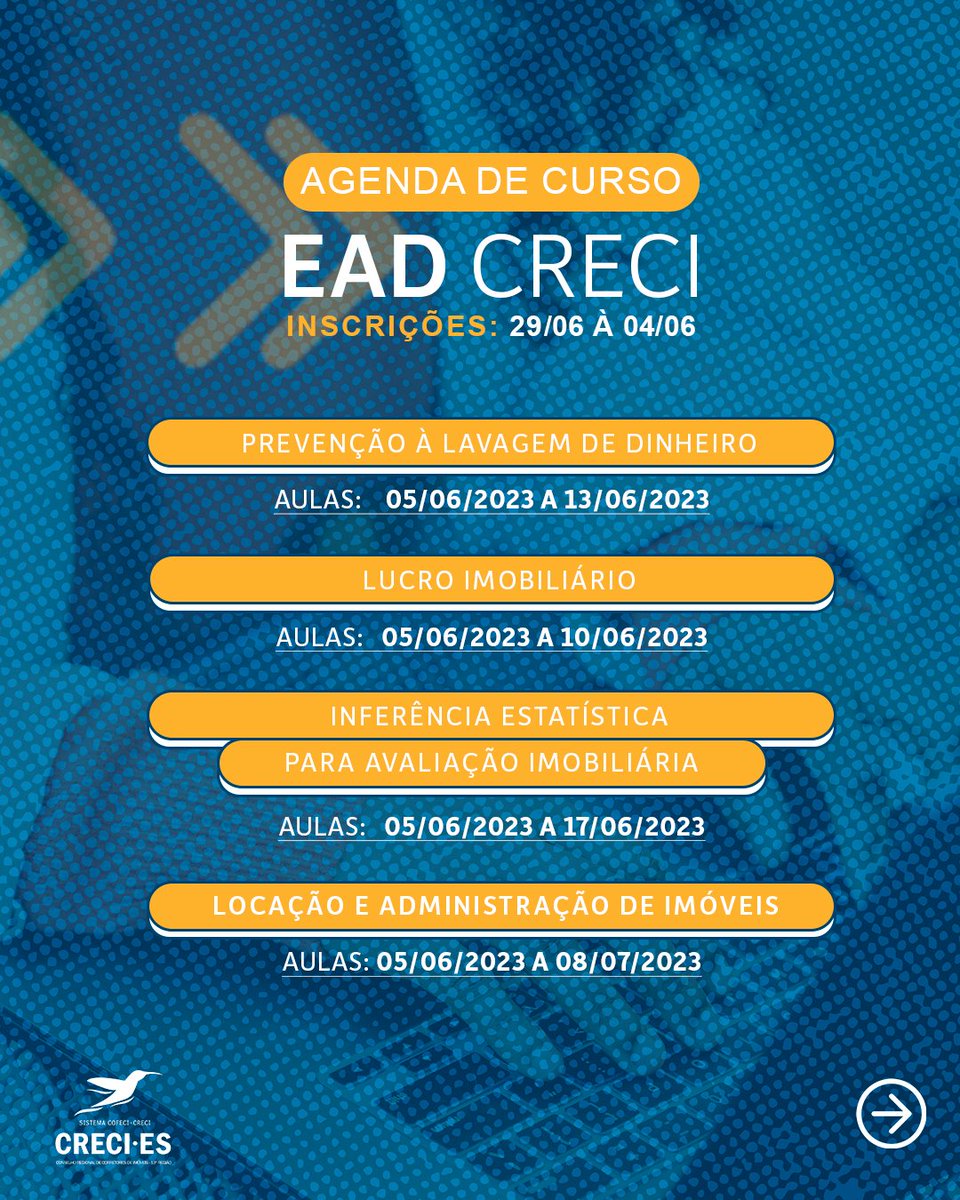 crecies's tweet photo. 💡 Aproveite que ainda dá tempo, faça agora a sua inscrição!!!

✅ As aulas começam na próxima segunda-feira (05/06).

▶ Acesse a página do Portal EAD CRECI para realizar os cursos:
https://t.co/IL8RYRSiEH https://t.co/CoC2Az0FUd