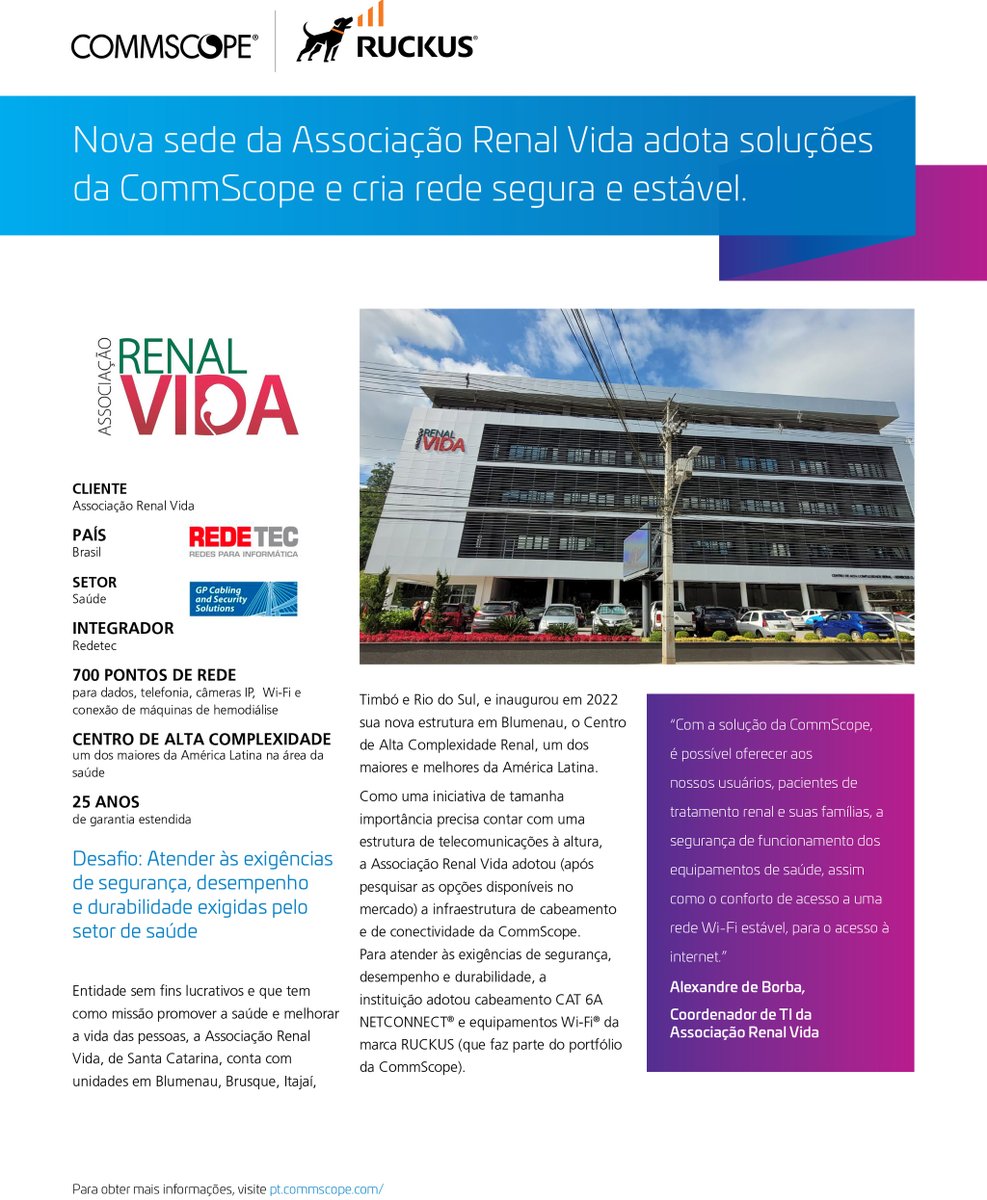 GpCabling's tweet image. Nova sede da Associação Renal Vida adotou soluções de cabeamento e wi-fi da CommScope® e criou uma rede segura e estável, oferecendo aos pacientes uma melhor experiência, além de maior segurança no funcionamento dos equipamentos de saúde. 
Confira em mla.bs/eb685cef