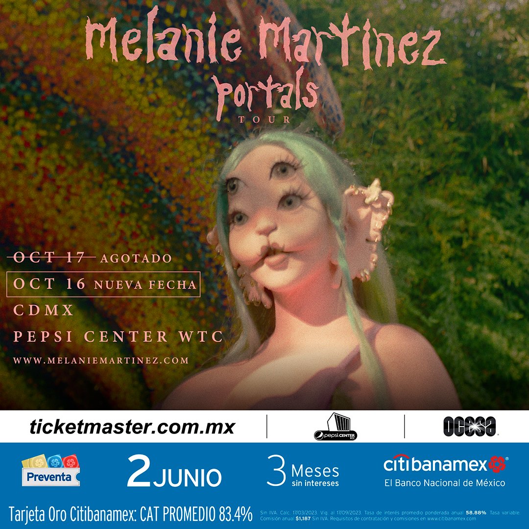 Melanie Martínez llega a nuestro escenario, 16 y 17 de octubre

#Preventacitibanamex 2 de junio a las 11:00 am
#Ventageneral 3 de junio a las 11:00 am

Lista de precios:
Lounge VIP: $1,180
General A: $1,480
General B: $990
Box superior: $990
Sección c: $580
DISCPAP: $1,480