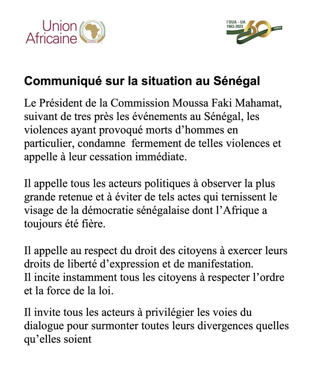 _AfricanUnion's tweet image. Communiqué de S.E @AUC_MoussaFaki  sur la situation au Sénégal : au.int/fr/pressreleas…