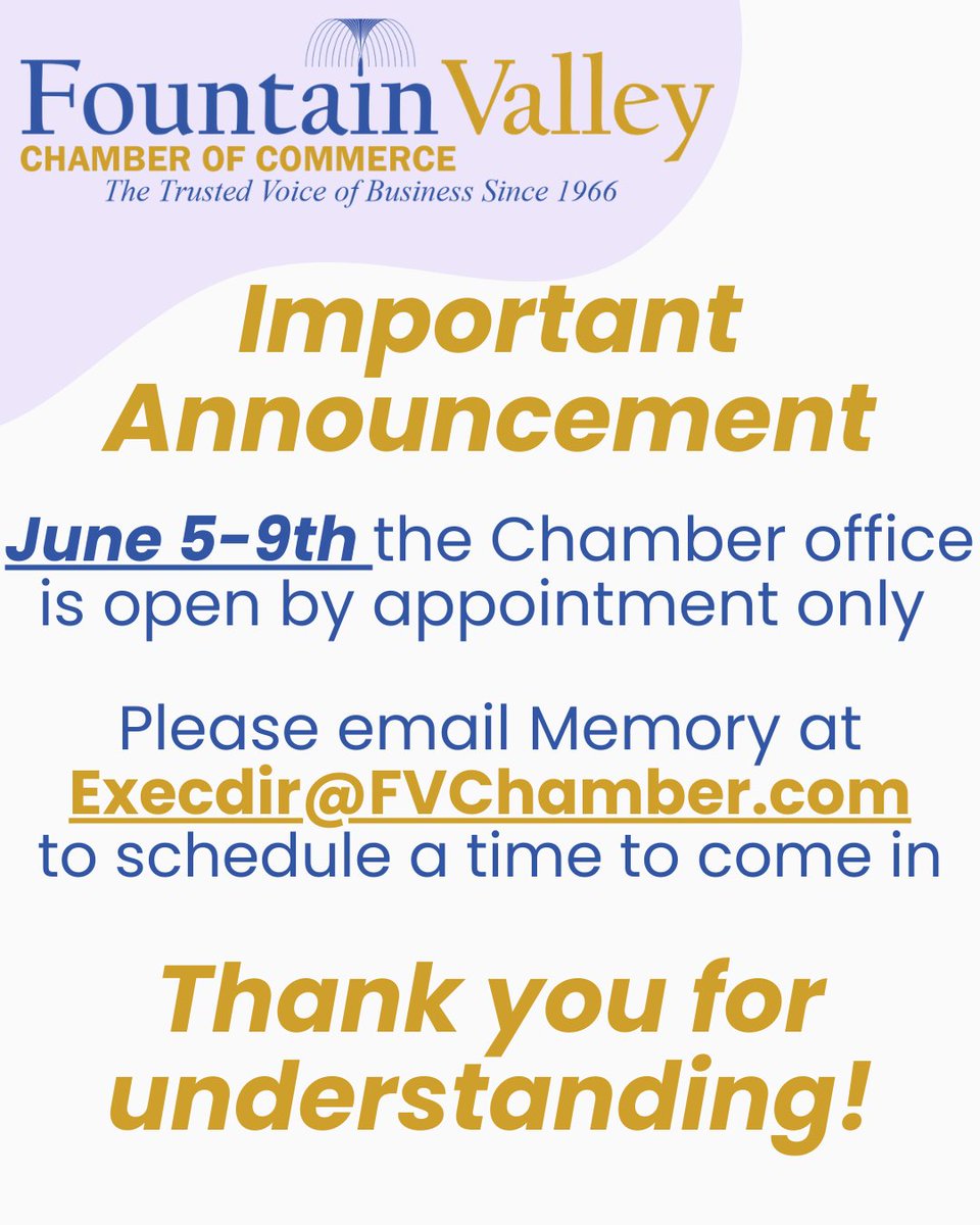 FV_Chamber's tweet photo. Please make sure to email to schedule a time to come into the office starting June 5-9th. Thank you!! https://t.co/D4c9ZRotBE