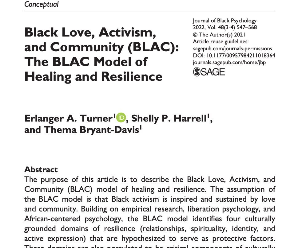 #Psychology: The BLAC model describes culturally centered approaches for healing and wellness among Black activists. doi.org/10.1177/009579… via @SagePsychology @PeppGSEP 

#mentalhealth #blackpsychology