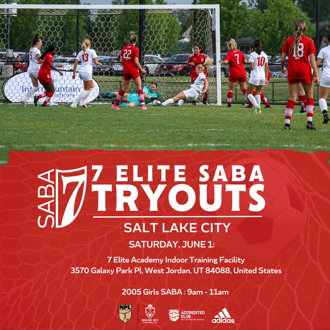 TRYOUTS 🇺🇸🇬🇧🇹🇿 We have ONE MORE #7Tryouts session for 2005 #7EliteSABA Girls ON SATURDAY at our indoor facility in West Jordan 👋✍️

REGISTER ONLINE ⬇️
7tryouts.com

#7EliteAcademy | #PlayerPathway | #IAmRed | #UYSA | @UtahYouthSoccer