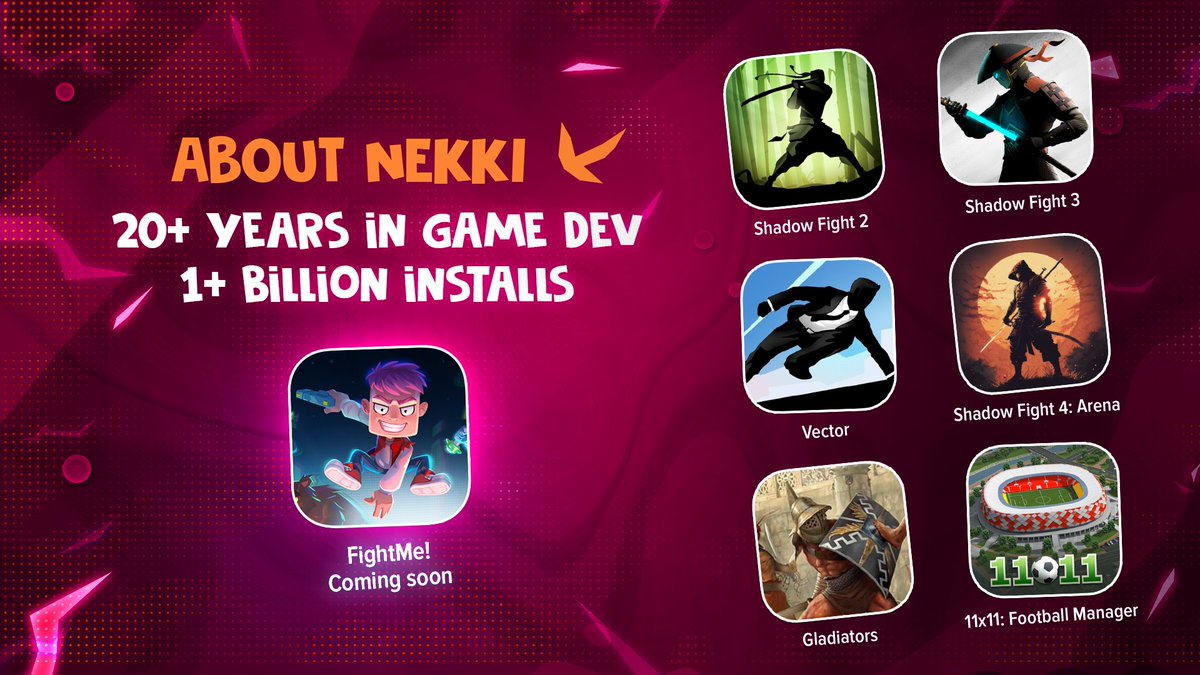 Fight Me! (@fight_me_club) on Twitter photo Nekki is here to rock web3 โก๏ธ
With 20+ years of game dev and one billion installs across our hit games (<a href="/ShadowFight_3/">Shadow Fight 3</a>, <a href="/SFArenaGame/">Shadow Fight 4: Arena</a>, <a href="/vectorthegame/">Vector</a>), we know how to build games.
Now, we're bringing that expertise to the web3 world. Get ready for our next project โ Fight Me! โ Nekki is here to rock web3 โก๏ธ
With 20+ years of game dev and one billion installs across our hit games (<a href="/ShadowFight_3/">Shadow Fight 3</a>, <a href="/SFArenaGame/">Shadow Fight 4: Arena</a>, <a href="/vectorthegame/">Vector</a>), we know how to build games.
Now, we're bringing that expertise to the web3 world. Get ready for our next project โ Fight Me! โ