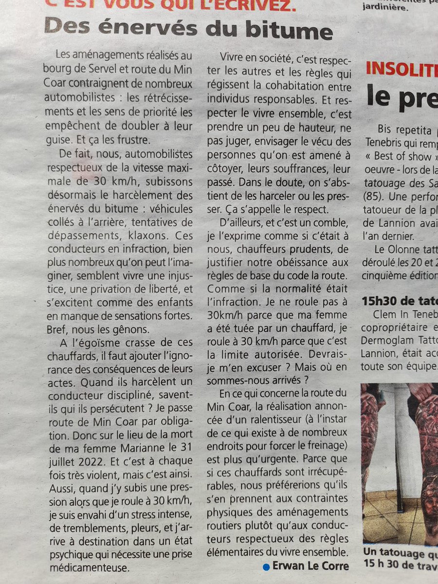 Ma tribune dans le #tregor de cette semaine concernant la #violenceroutière à #lannion #bzh #delinquanceroutiere #Violences #vélo