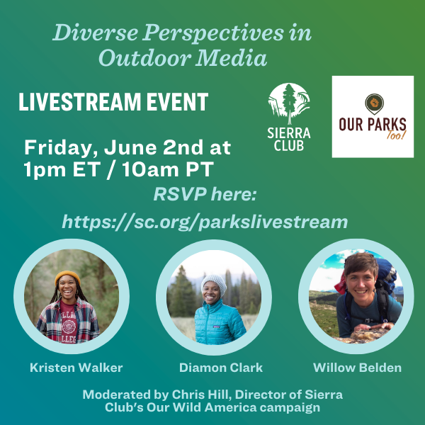 SierraOutdoors's tweet photo. STARTING NOW: Join us NOW for “Diverse Perspectives in Outdoor Media” — a livestream event with Kristen &amp; Diamon, the co-founders of Our Parks Too! and Willow, the host &amp; founder of @outtherepodcast. Join on our FB or YouTube! https://t.co/RG2opfyDX7 #OutdoorsForAll https://t.co/Wt4wyqDiPG