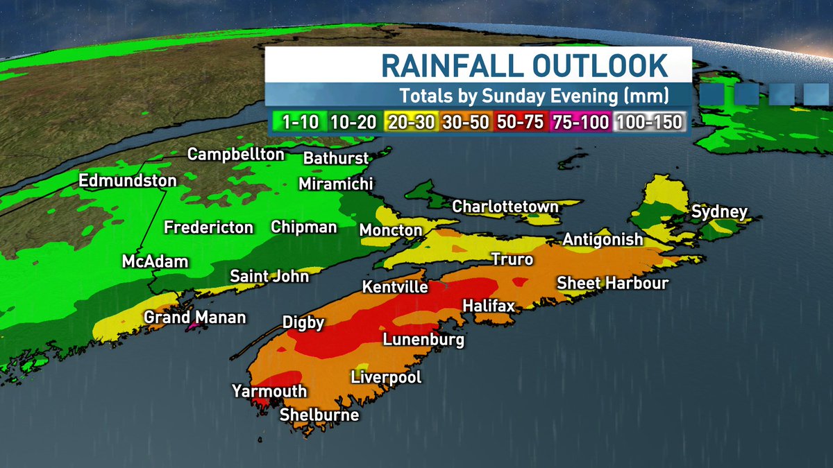 Weekend rainfall outlook for the Maritimes.
Still some variations between forecast models, but that's par for the course, especially with a stalled front setup like this one.
That said, the Euro ECWMF model has been the most consistent over the past day or so.
#nswx #NSFire
1/2