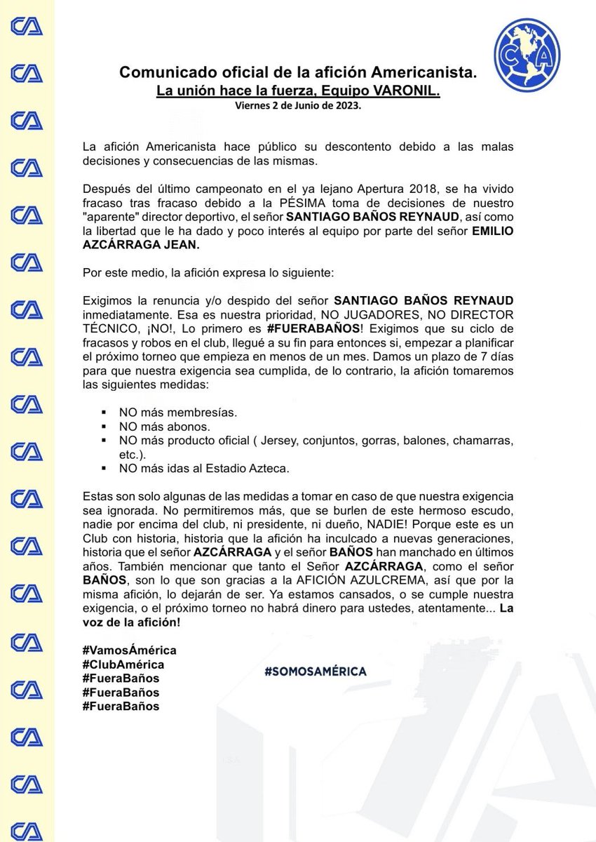 🦅Americanista23🦅 (@omar93_ame) on Twitter photo C.c <a href="/eazcarraga/">emilio azcarraga</a> <a href="/ClubAmerica/">Club América</a> <a href="/GRUPOTELEVlSA/">Televisa</a> <a href="/Televisa/">Televisa</a> pedimos la renuncia de <a href="/Sbanos/">Santiago Baños Reynaud</a> #FueraBaños RT para llegar a mas personas C.c <a href="/eazcarraga/">emilio azcarraga</a> <a href="/ClubAmerica/">Club América</a> <a href="/GRUPOTELEVlSA/">Televisa</a> <a href="/Televisa/">Televisa</a> pedimos la renuncia de <a href="/Sbanos/">Santiago Baños Reynaud</a> #FueraBaños RT para llegar a mas personas