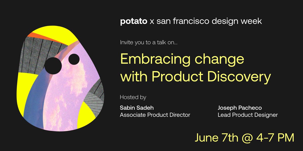 akqa_leap's tweet image. Celebrate #SFDW2023 with us! 🎨 

Join the Potato team, virtually or in person, to uncover the secrets of product discovery and learn to ignite growth opportunities in a rapidly changing world ➡️ bit.ly/3ojxMFF

#SFDW2023 @sfdesignweek