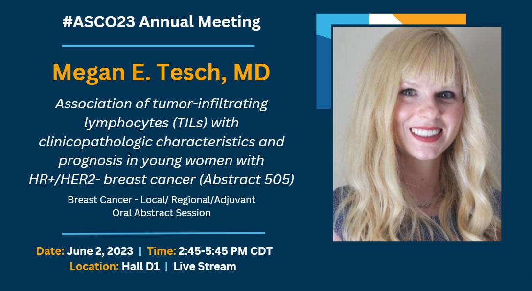 Don't miss today's #ASCO23 oral abstract session at 2:45pm CDT where Dr. Tesch (@MeganTesch) will present research on the Association of tumor-infiltrating lymphocytes (#TILs) with clinicopathologic characteristics and prognosis in young women with HR+/HER2- #BreastCancer.