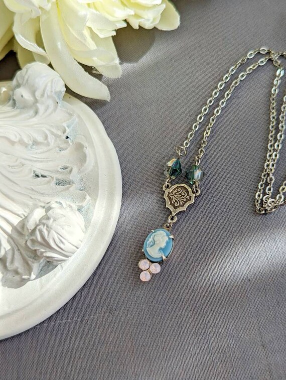 Tiny Blue Cameo Necklace with Rosewater Opals, etsy.me/431tIZh #vintagestyle #victoriannecklace #regencynecklace #victorianjewelry @etsymktgtool