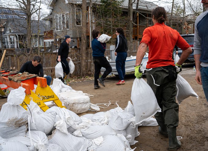 A group of people carrying filled sandbags.