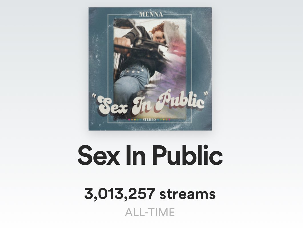 Yesterday someone streamed “Sex In Public” for the 3 Millionth time on @Spotify 🎢 Thank you if you were one of the first 3 Million streams! Listen now: promocards.byspotify.com/share/1456f81f…