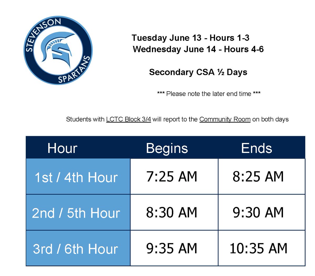 District Summative Common Assessments are coming up soon. Here's the half-day schedules for June 13 and June 14.