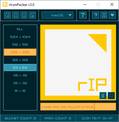#rIconPacker v3.0 is out! This is a big update of the tool, adding support for .ICNS apple file format and also icon-poems to be embedded in icons. 

This is also my first tool available for macOS platform!!! 🚀😄

You can get it here: raylibtech.itch.io/riconpacker