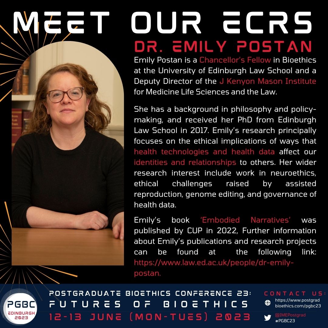 IME Postgrads (@imepostgrad) on Twitter photo Next up on our ECR panel for Day 1 of #PGBC23 is Dr. Emily Postan <a href="/emily_postan/">EmilyPostan</a>! Emily is a Chancellor’s Fellow in Bioethics and Deputy-director of the <a href="/masonInstitute/">The Mason Institute</a> at <a href="/UoELawSchool/">Edinburgh Law School</a>. Register to join us online for FREE at: ime.datawareonline.co.uk/Event-Booking/… Next up on our ECR panel for Day 1 of #PGBC23 is Dr. Emily Postan <a href="/emily_postan/">EmilyPostan</a>! Emily is a Chancellor’s Fellow in Bioethics and Deputy-director of the <a href="/masonInstitute/">The Mason Institute</a> at <a href="/UoELawSchool/">Edinburgh Law School</a>. Register to join us online for FREE at: ime.datawareonline.co.uk/Event-Booking/…