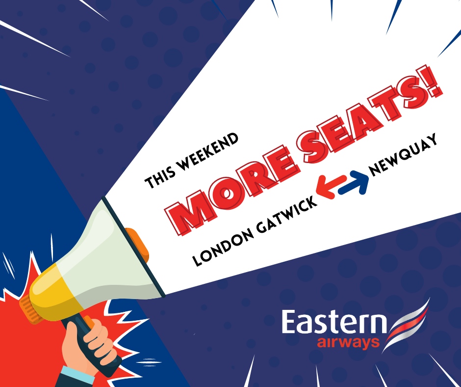 This weekend we have added in additional capacity across our London Gatwick - Newquay route. Act fast to take advantage of the additional seating available! Book now: easternairways.com