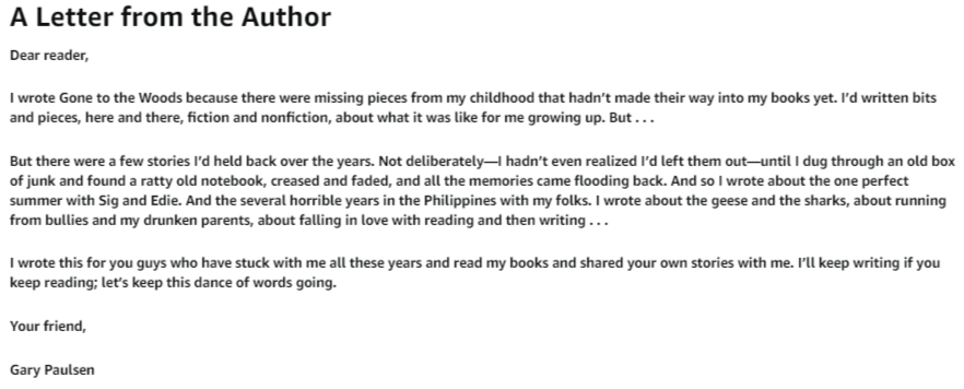 LMS_United's tweet photo. Processing copies of Gary Paulsen's Gone to the Woods for our memoir collection and found this while on Amazon.  I think I'll put an insert in our copies.  This is GOLD!!! #librarians #librarytwitter https://t.co/cPrxsJufvv