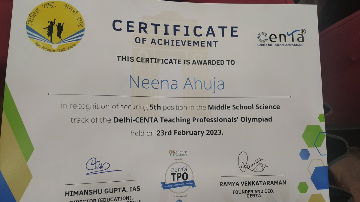 NeenaAhuja2's tweet photo. Recd. certificate of Achievement from CENTA Teaching Professionals' Olympiad @Dir_Education @PbpandeyB @sakshi_yadav04 https://t.co/NgKctKrrE0