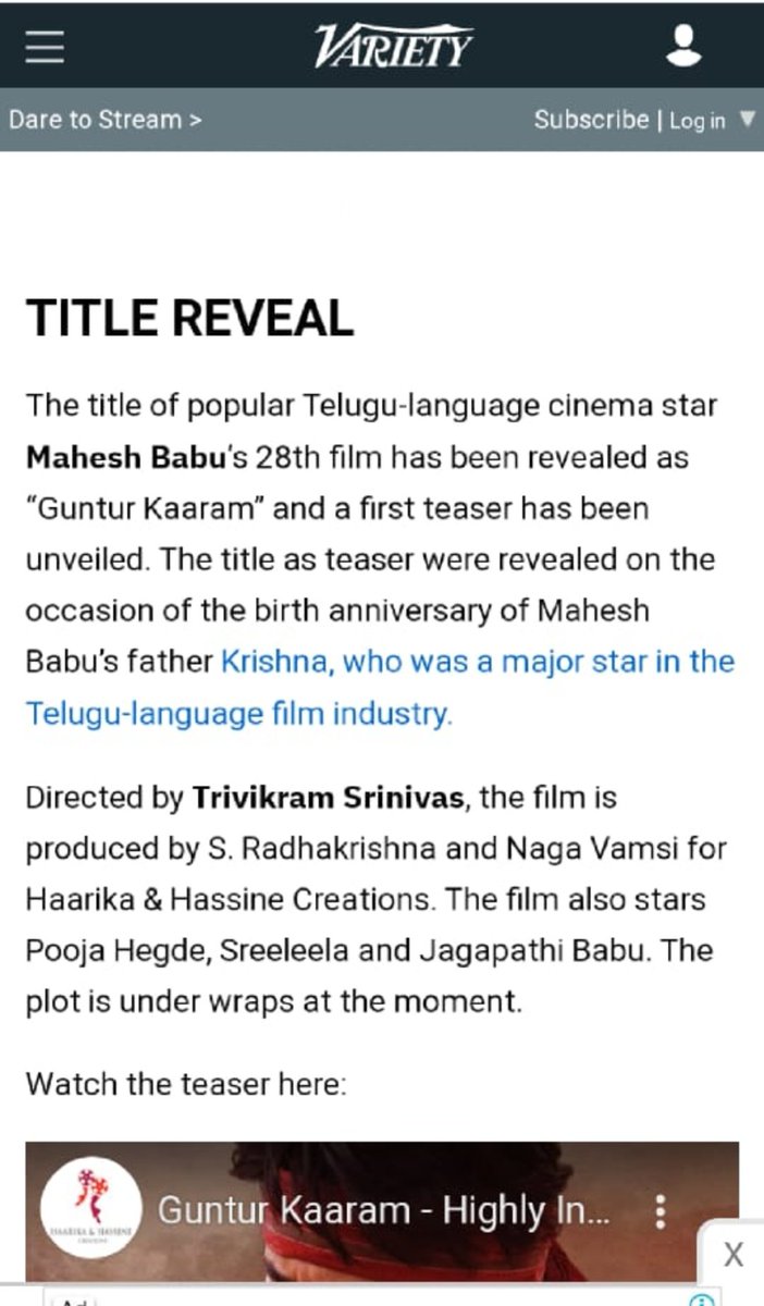 International Claimed @Variety Magazine coverage about #GunturKaaram Title Reveal. Superstar @urstrulyMahesh Mass Strikes Globally!!!

Link: variety.com/2023/tv/global…