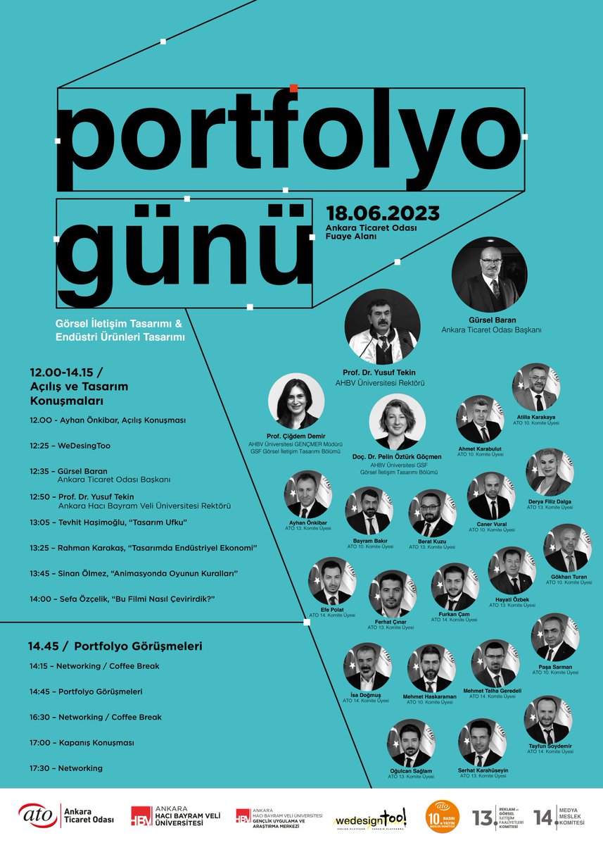 Portfolyo Günü etkinliği ATO'a 18 Haziran günü, ATO Bşk Gürsel Baran ve AHBV Üniv. Rektörü Prof. Dr. Yusuf Tekin'in katılımı ile gerçekleşecek. Etkinliği AHBVÜ GENÇMER, ATO 13., 10., 14. Komiteleri gerçekleştiriyor. <a href="/ATOkurumsal/">Ankara Ticaret Odası</a> <a href="/Yusuf__Tekin/">Yusuf Tekin</a> <a href="/hacibayramedutr/">Ankara Hacı Bayram Veli Üniversitesi</a> <a href="/GurselBaran/">Gürsel Baran</a>