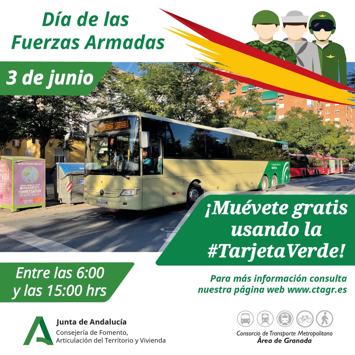 🪖 🇪🇸  Disfruta mañana del #DíadelasFuerzasArmadas en #Granada⤵️

🟢 🚍  ¡¡Muévete gratis con la #TarjetaVerde del @CTransporte_GR 🧑‍✈️🇪🇦👮!!

#DíaDeLasFuerzasArmadas #DIFAS2023🇪🇸 #Granada #Transportepúblico