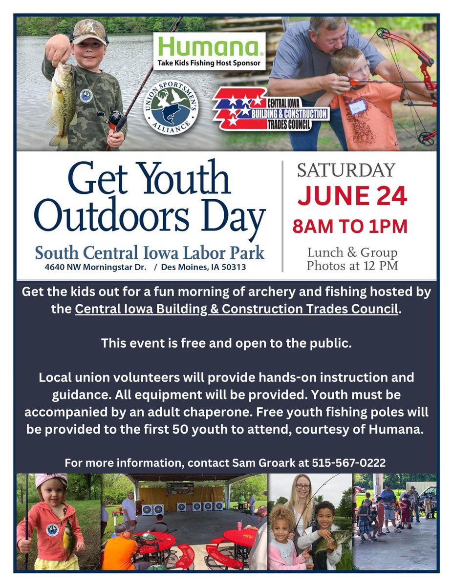 Join the Central Iowa Building Trades on June 24th at Union Labor Park in Des Moines for a fun morning of enjoying the outdoors with your kids! See below for details.🎣🏹

#iowaconstruction #iowaskilledtrades