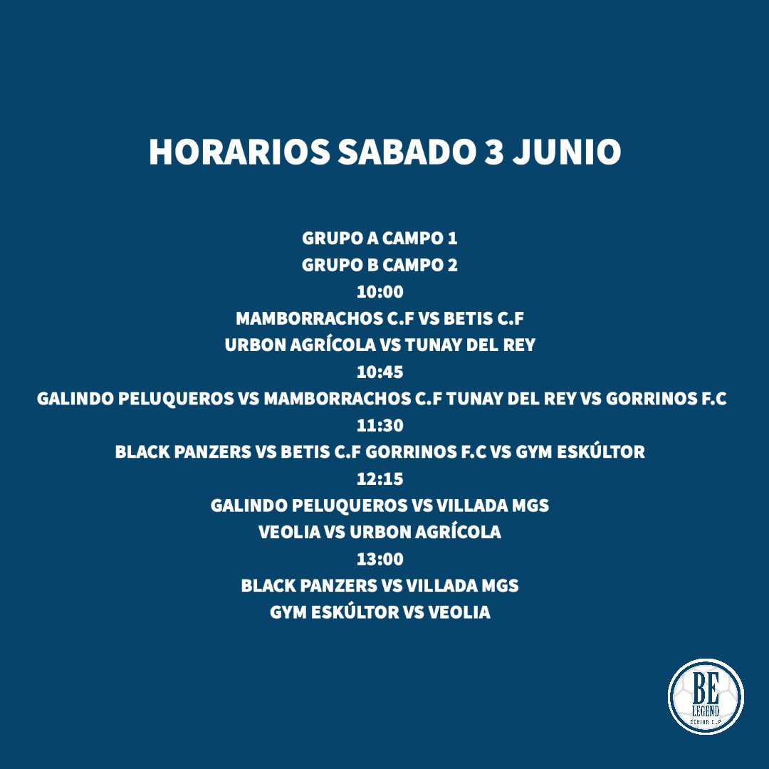 Be_LegendSC's tweet image. 𝗛𝗢𝗥𝗔𝗥𝗜𝗢𝗦 𝗦𝗔𝗕𝗔𝗗𝗢!! ⚽️🏆

Mañana comienza Be legend 2023, desde las 10:00 los equipos participantes comenzarán a competir para convertirse en los campeones!! 

Entrada gratuita a todos los partidos y Fan Zone!! Ven a animar a tu equipo ⚽️