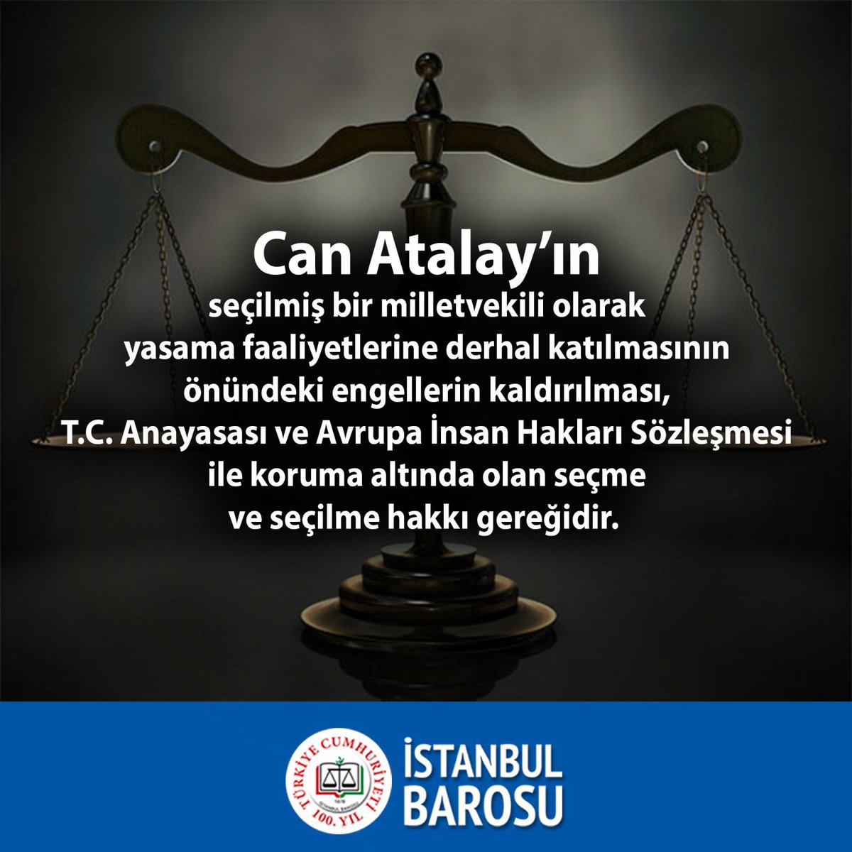 Milletvekili Av. Can Atalay’ın Seçme ve Seçilme Hakkı ile İlgili Olarak Kamuoyu Duyurusu

28. Dönem Milletvekili Genel Seçimleri’nin sonuçlarını içeren ve 30 Mayıs 2023 tarihli Resmi Gazete’de yayımlanan 14 Mayıs 2023 tarihli kararda, yargılanmakta olduğu bir dava nedeniyle