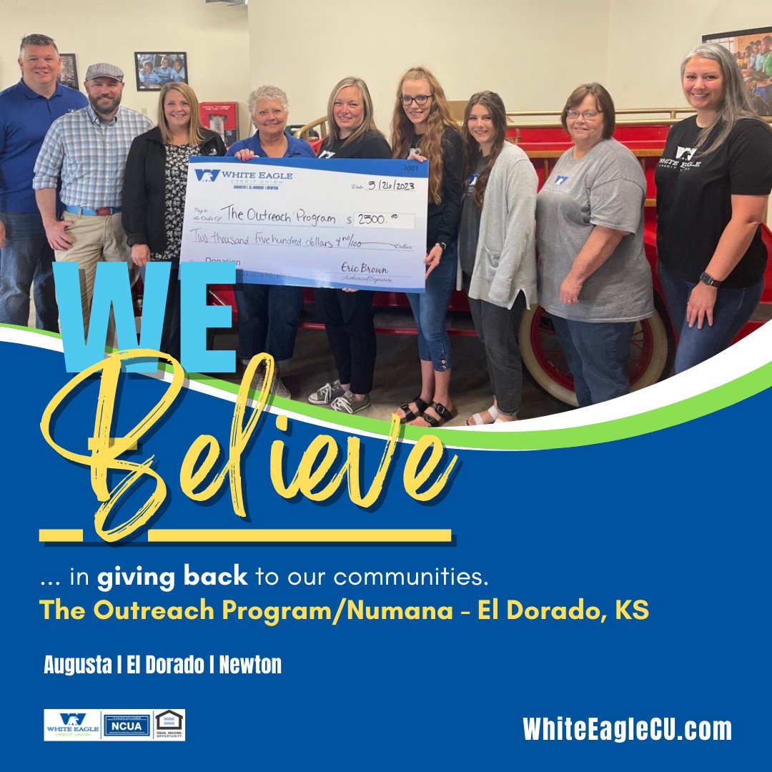 WhiteEagleCU's tweet image. A check was presented to The Outreach Program / Numana out of El Dorado.  A non-profit outreach that along with sharing its mission to provide food to the hungry, also provides safe water, medical care, and education to children and those in need, at home and abroad.