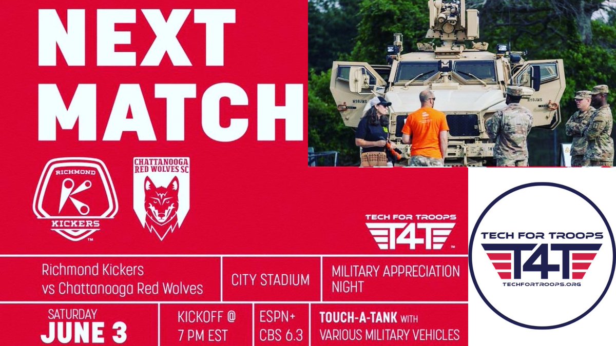 #tech4troops is so happy to be working with the @richmondkickers. Come out and enjoy the night!!
#rva #henrico #goochland #hanover #virginia #richmondkickers #miltaryappreciationnight #richmond #richmondsoccer #soccer #rvasoccer #veterans #veteransupport #veterannonprofit