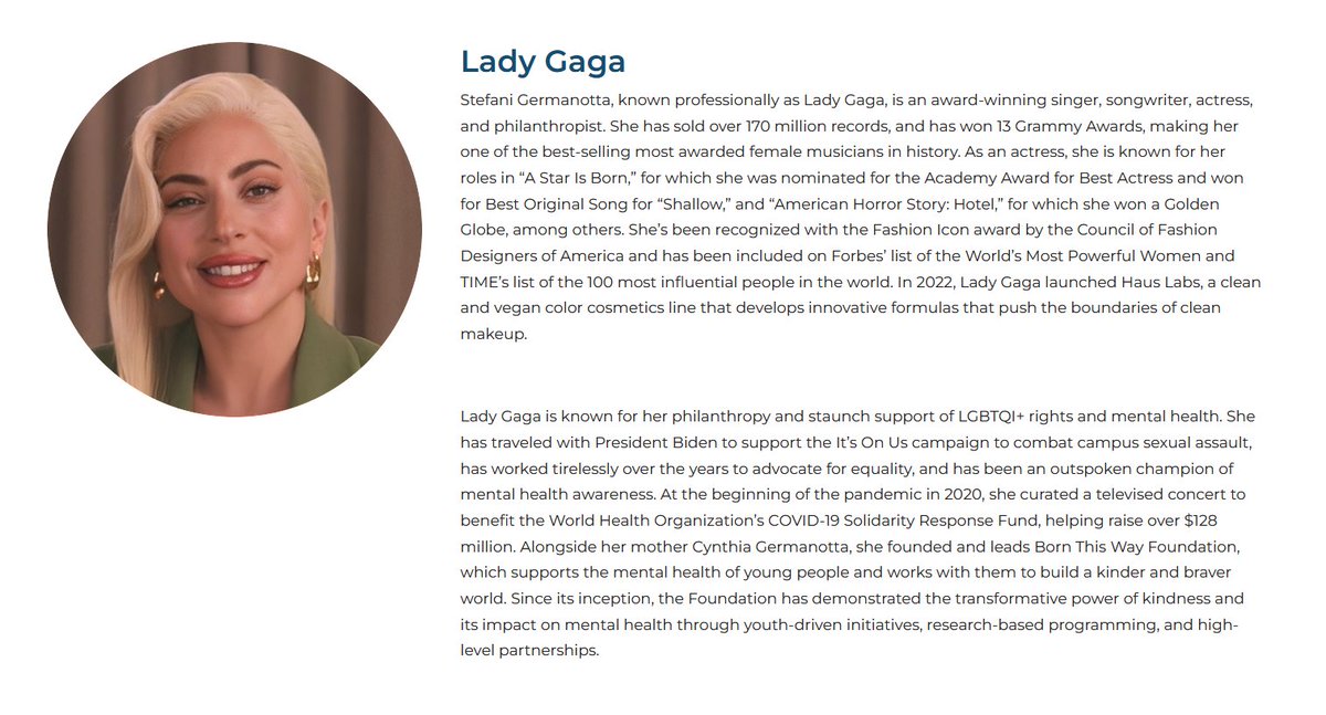 Lady Gaga's profile on the President’s Committee on the Arts and the Humanities website.
