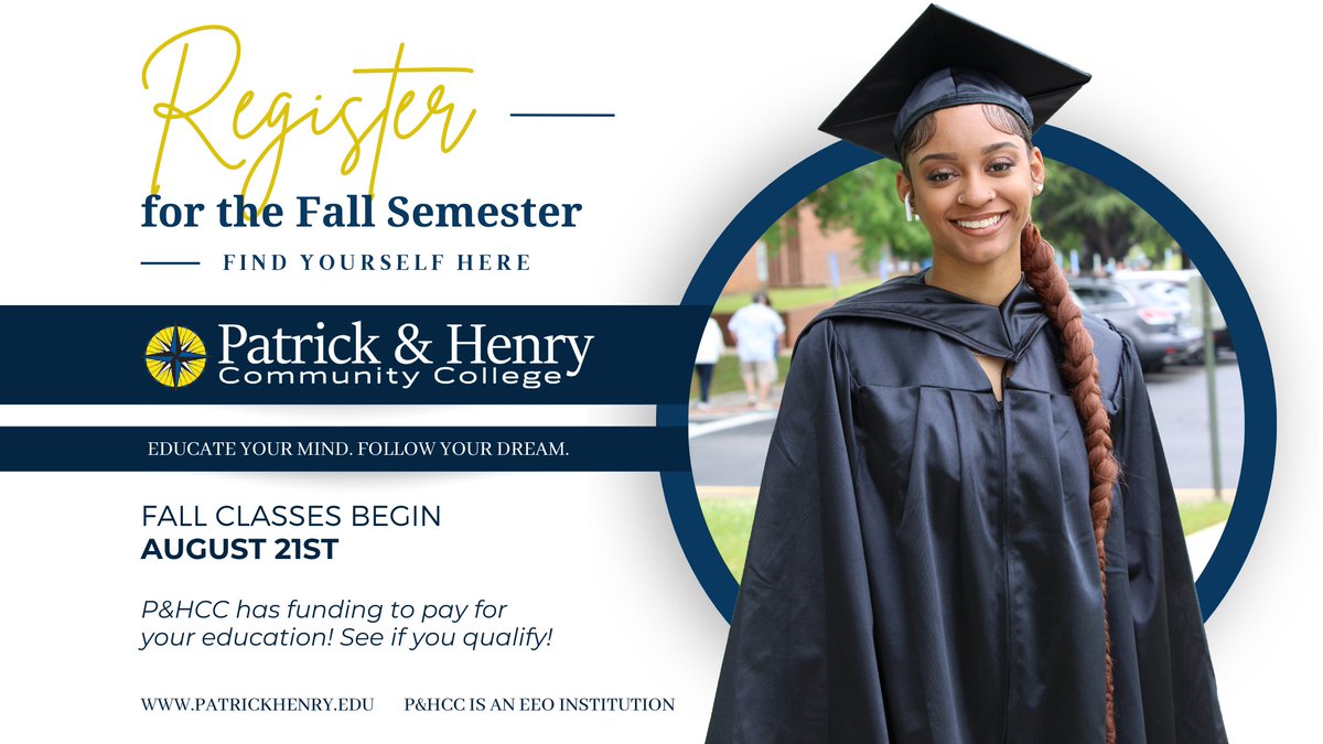 PatrickHenryCC's tweet photo. P&HCC's fall semester registration is now open! We have many excellent degrees and certificates for you to explore! Check out what we offer and apply today! https://t.co/x3uOTlocNg Already know what you want to enroll in? Visit https://t.co/lazBgPufcm. #registerforclasses https://t.co/PBVrcXofJO
