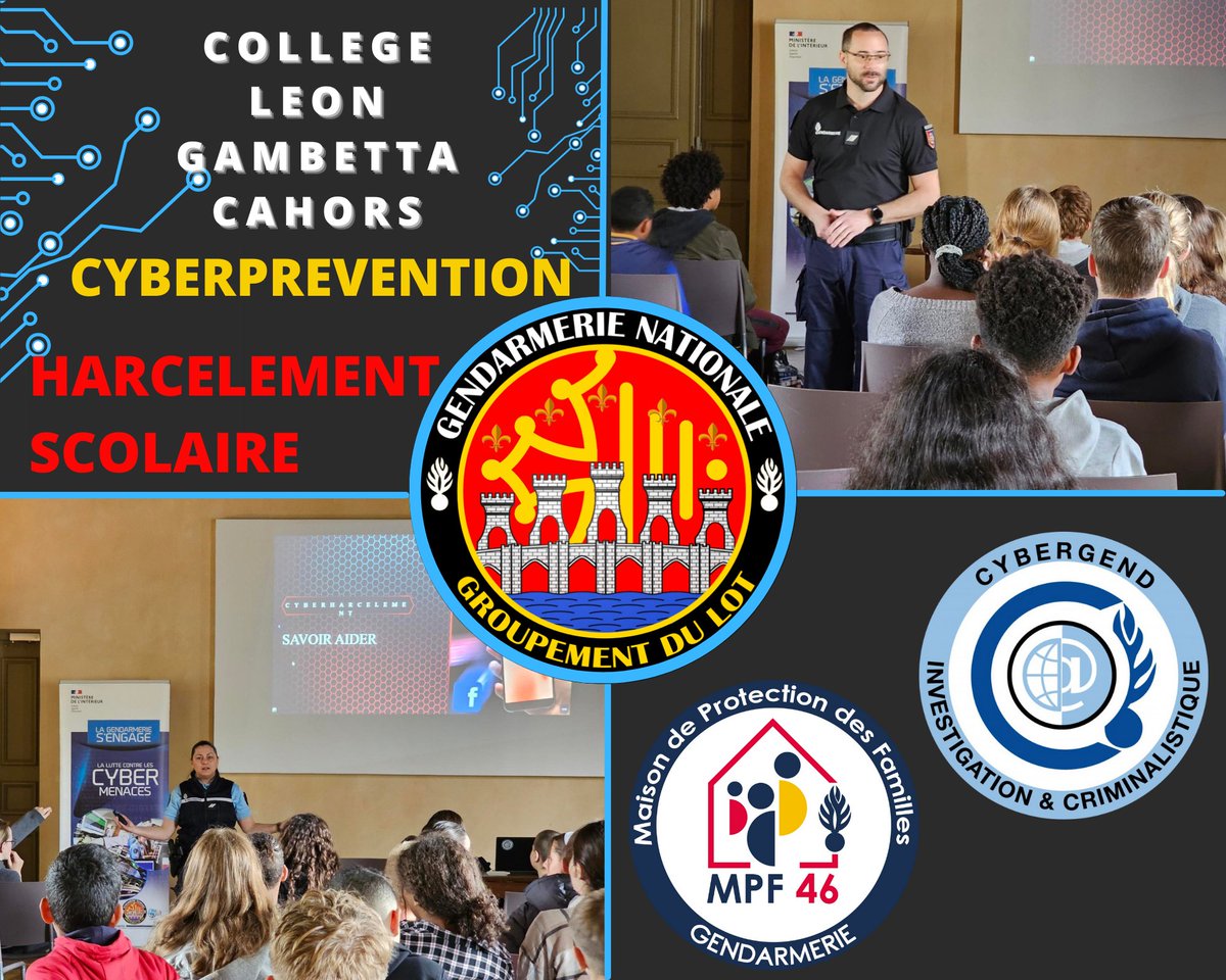 Prévention des risques cyber et harcèlement en milieu scolaire, au collège L. GAMBETTA à Cahors,
par la Section de Lutte contre les cybermenaces et la Maison de Protection des Familles de la Gendarmerie du Lot. 
linktr.ee/cybergend46_sc…

#cybergend #HarcelementScolaire