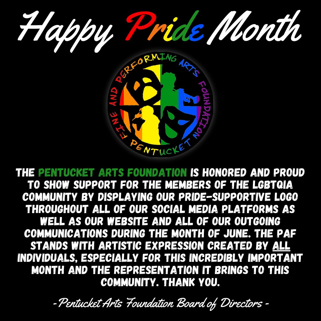 ArtsPentucket's tweet photo. The PAF is honored &amp; proud to show support for the members of the LGBTQIA community by displaying our pride logo on all of our social media, website, &amp; our outgoing communications during the month of June. We stand with artistic expression created by ALL individuals! https://t.co/EM9EKllO48