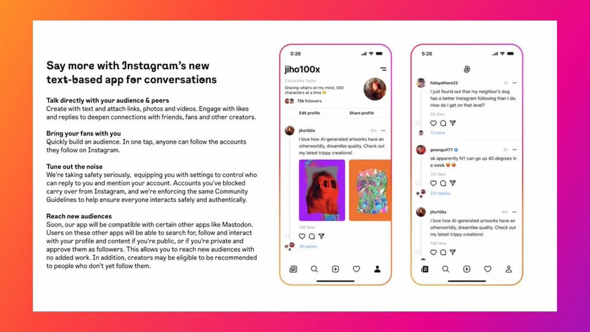 ErinInTheMorn's tweet photo. Honestly, the best bet for leaving this platform might come in a month or so when Instagram rolls out text feeds.

It will have native video support and almost certainly will have better T&amp;S than Twitter.

No more Musk/Walsh. https://t.co/pA7z7Mno9f