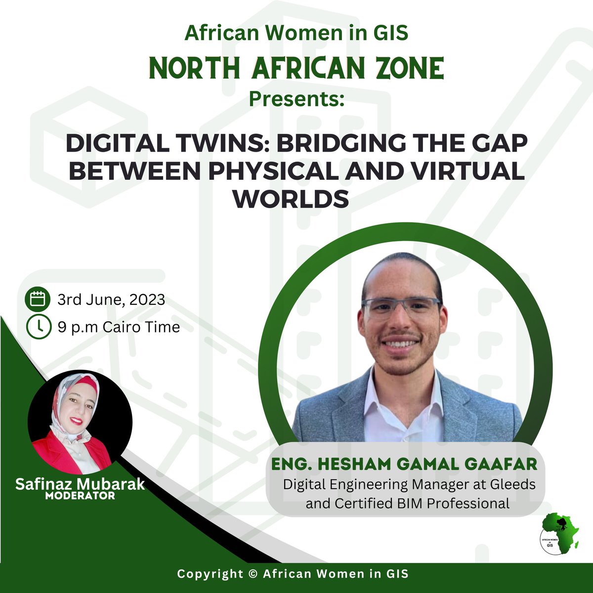 africwomeningis's tweet photo. Gentle Reminder📌📌
Don’t forget to register and attend this event by our North African Zone.
Digital Twins: Bridging the Gap Between Physical and Virtual Worlds.
Eng. @HGGaafar will be speaking🥳
Register Now!
https://t.co/VPWEVNzMvV
#AWiGIS #digitaltwins #gischat #BIM https://t.co/SpAAoSkp1g