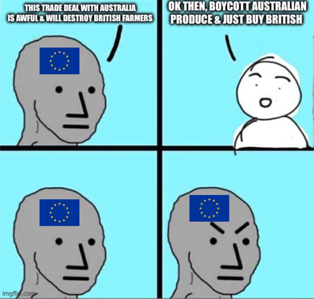 Are all the Remainers frothing at the mouth over the UK-Australia Trade Deal now going to boycott Australian products?

If so then good, more kangaroo sausages & ozzie wagyu steaks for the rest of us!