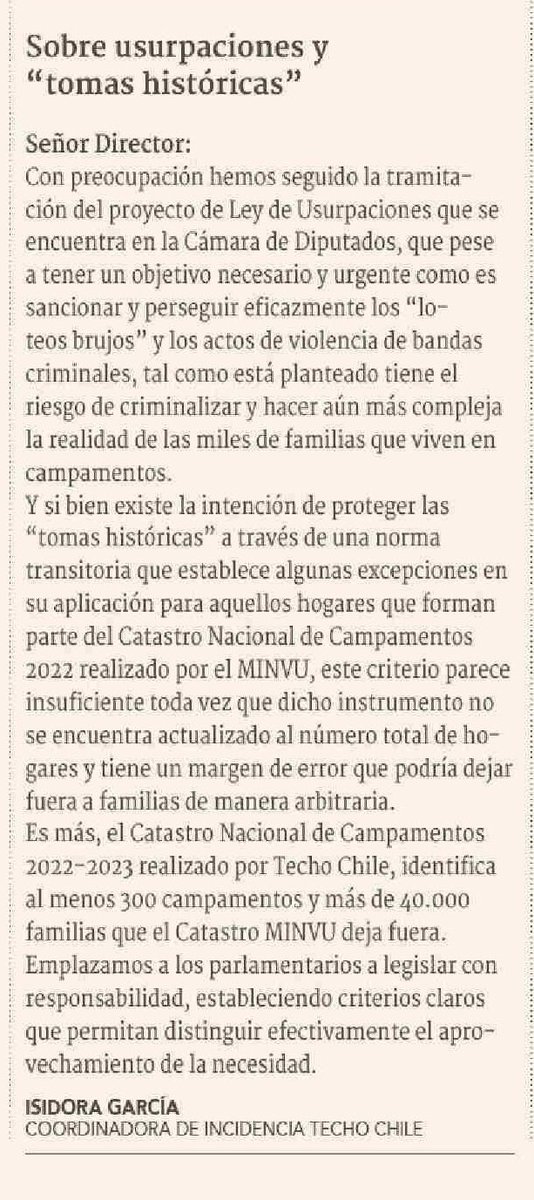 TECHOChile's tweet photo. Carta al director publicada hoy en @DFinanciero por nuestra Coordinadora de Incidencia @misidoragarciag 
“Emplazamos a los parlamentarios a legislar con responsabilidad, estableciendo criterios claros que permitan distinguir efectivamente el aprovechamiento de la necesidad”. https://t.co/O0cOVD4TXz