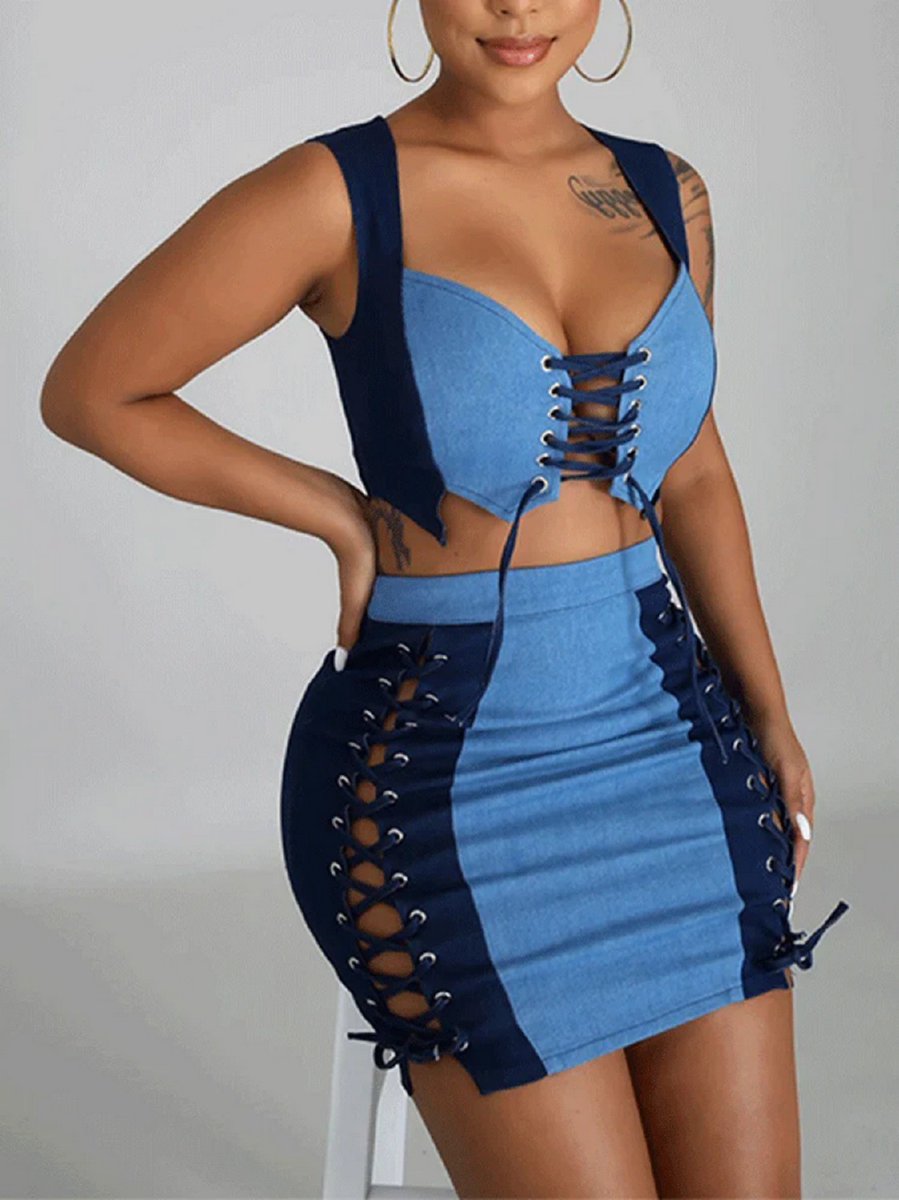 ComfortStyle41's tweet photo. Lace Up Denim Top ＆ Mini Skirt Set.. Lace Up. Patchwork. Plus Size up to 2XL..  https://t.co/wWeLHUeDLA #plussizestyle #curvyclothes #plussize  #plussizeclothing #Plussizeoutfits #PlusSizeShop #dresses https://t.co/ry8CdYc1jc