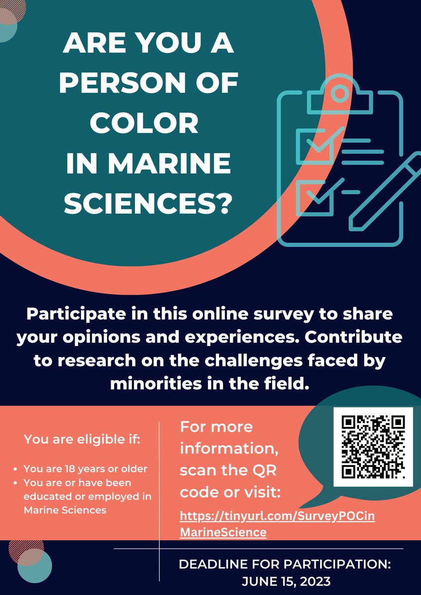 Calling all people of color in marine science! Some of our BWEEMS members ask you to participate in this online survey! 

Scan the QR code or follow the link tinyurl.com/SurveyPOCinMar… to participate. You can also enter a raffle for a giveaway!

Deadline: June 15th, 2023