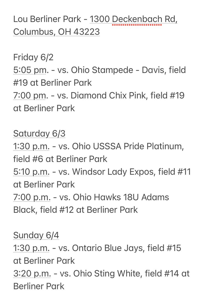 Our schedule this weekend for the Capital City Showdown at Berliner Park in Columbus, OH! Let’s go!!🥎💪