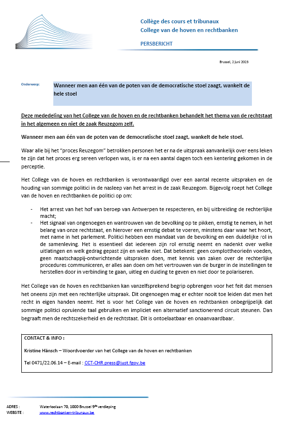 Persbericht van het College van hoven en rechtbanken over de rechtstaat in het algemeen.