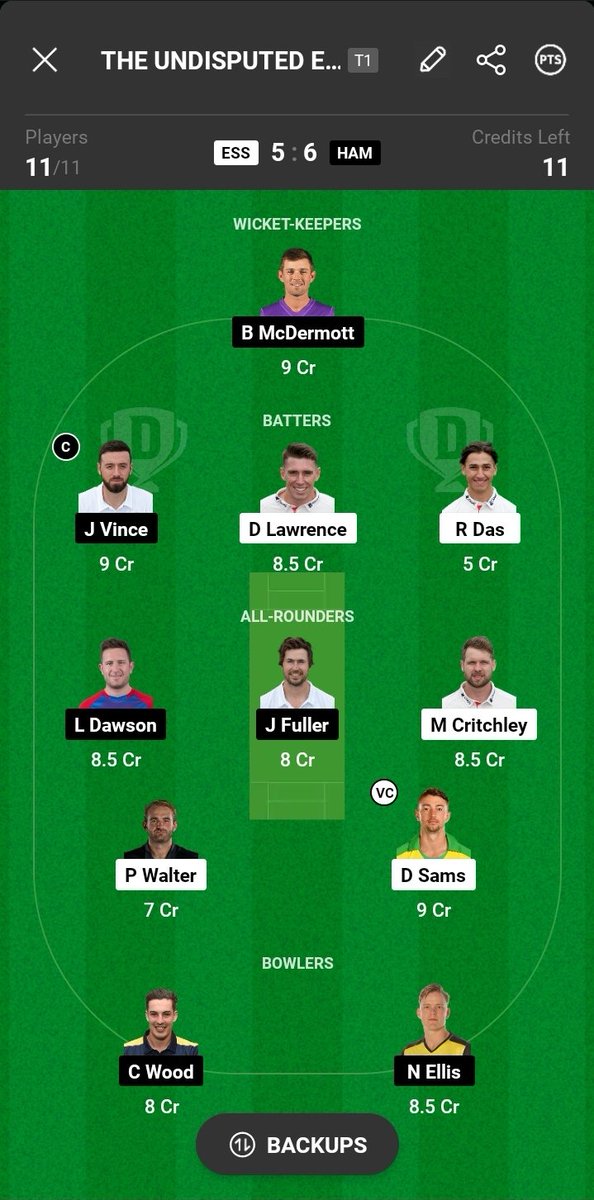 Here's the #Dream11 fantasy team for the match. Play Head To Head Contests also👍 #Blast23 #ESSvHAM